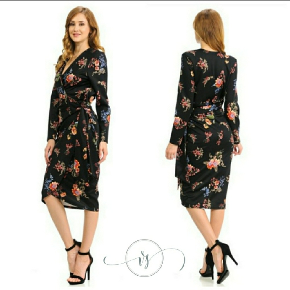 Black Floral Wrap Midi Dress